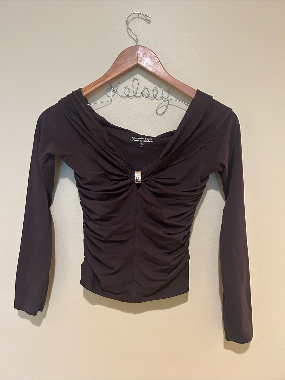Abercrombie & Fitch Mocha Ruched Long-Sleeve Top Modal Blend Collection XS